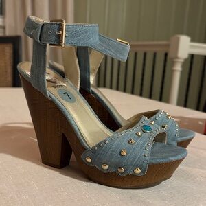 G by Guess Light Blue Denim Platform Sandals with Gold Studs